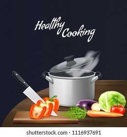Realistic kitchen tools and vegetables for healthy nutrition at wooden table on black background vector illustration