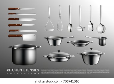 Realistic kitchen utensil collection with cooking tools different knives saucepan pan and pots isolated vector illustration