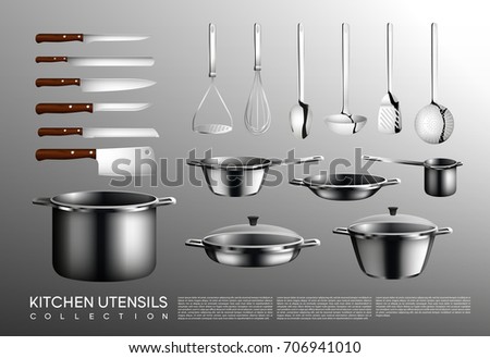 Realistic kitchen utensil collection with cooking tools different knives saucepan pan and pots isolated vector illustration