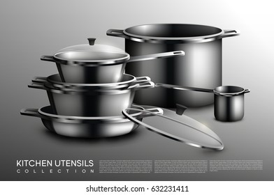 Realistic kitchen utensil collection with metallic pots and pans of different sizes on gray background isolated vector illustration