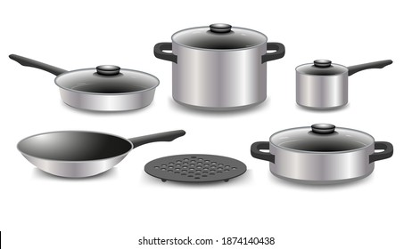 Realistic kitchen utensils and dishes. Set of steel cookware on a white background. Vector illustration isolated. A set of kitchen tools, a frying pan, pots of different sizes, a hot plate.