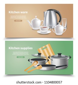 Realistic kitchen ware and culinary supplies horizontal banners on beige and green background isolated vector illustration 