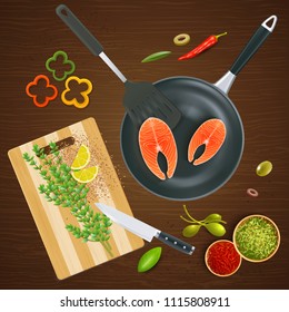 Realistic kitchen ware top view with salmon spices and vegetables on wooden texture background vector illustration
