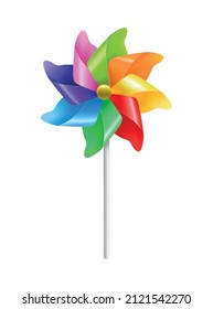 Realistic kite composition with realistic image of colorful wind mill toy on stick vector illustration