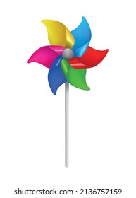 Realistic kite composition with realistic image of colorful wind mill toy on stick vector illustration