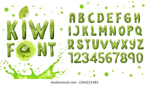 Realistic kiwi font, fruit type, green typeface, isolated english alphabet characters with vector 3d juice splashes and drops. Juicy letters and numbers of green kiwi flesh with seeds and juice drips