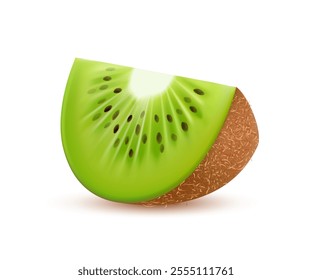 Realistic kiwi fruit quarter with the bright green interior, black seeds and brown fuzzy skin. Isolated 3d vector raw and ripe tropical kiwi fruit wedge, juicy, fresh natural food, vitamin nutrition