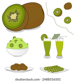 Realistic kiwi fruit vector design. Whole, half, slices. green colour. Cut kiwi on a plate. set elements. ice cream in a bowl. glass decoration. umbrella. straw. glass juice cup. cartoon style, cute.