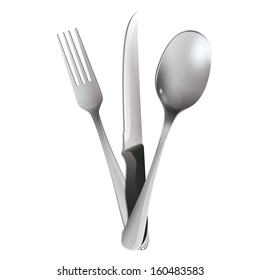 Realistic knife, fork and spoon over white background. Vector design. 
