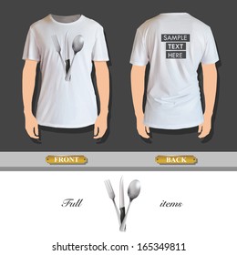 Realistic knife, fork and spoon printed on with shirt. Vector design