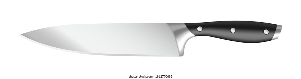 Realistic Knife for home or restaurant kitchen with sharp steel blade isolated on white background. Chef's knife 3d icon. Vector illustration