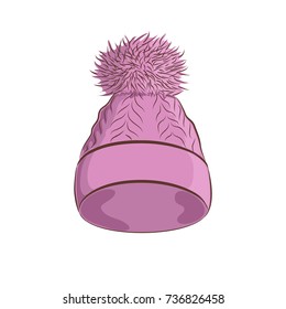 Realistic knitted hat with a pompon. Women fashion accessories. Purple object isolated on white background. Vector cartoon illustration in hand drawing style for your design. EPS10 format.