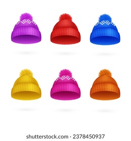 Realistic knitted hats. 3d isolated beanie for cold snow winter or ski, wool stocking cap knitting christmas warm clothing, colorful caps with pompon set decent vector illustration of cold hat