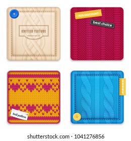 Realistic knitted patterns concept 4 square samples set with jacquard cable texture design discount sale vector illustration 