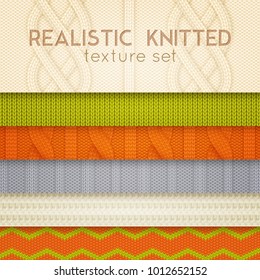 Realistic knitted patterns samples 6 horizontal layers set with scandinavian sweaters cable stitch texture vector illustration 