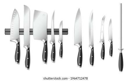 Realistic knives collection. Isolated sharp knife and set of knives on magnetic holder on white background. Equipment for kitchen template. 3d vector illustration