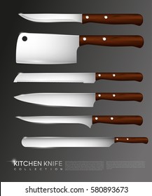 Realistic knives collection with wooden handles and stainless blades for different products isolated vector illustration