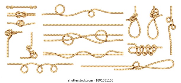 Realistic knots. Rope nodes and round cord threads. Isolated marine twisted loop. Collection of braided twines from hemp fibers. Yellow sailor cables with nooses. Decorative template, vector set