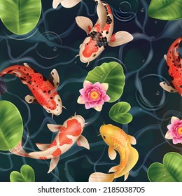 Fondo realista de peces koi con vista superior del lago con peces flotantes y flores con hojas ilustraciones vectoriales