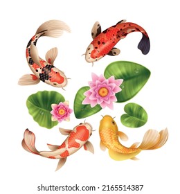 Composición realista de peces koi con vista superior de hojas de flores de lirio de agua del lago y peces exóticos ilustraciones vectoriales