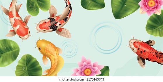 Realistic koi fish composition with top view of lake with lotus flowers leaves and colorful fishes vector illustration