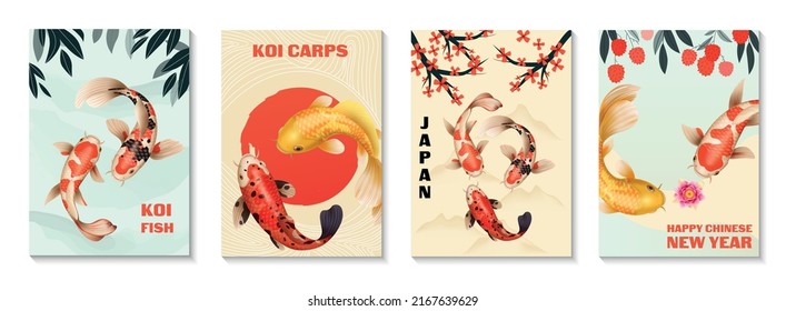 Realistic koi fish set of four vertical posters with editable text and images of exotic fishes vector illustration