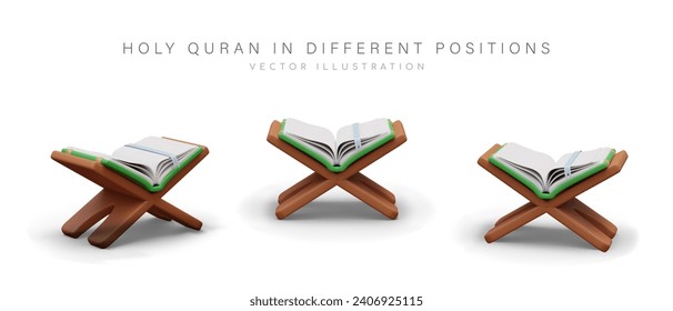 Corán realista en un estrado de madera. El Corán abierto, libro sagrado de los musulmanes. Objeto vectorial en diferentes posiciones. Conjunto de imágenes aisladas. Escrituras religiosas del Islam