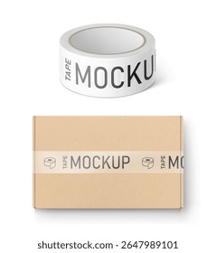 Realistic kraft brown close mailing box mockup with adhesive tape roll mockup. Vector illustration isolated on white background. Ready for presentation your product. EPS10.