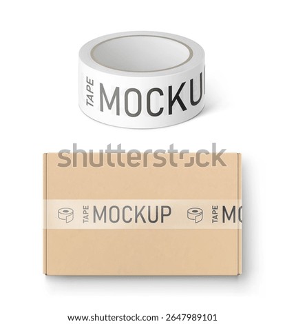Realistic kraft brown close mailing box mockup with adhesive tape roll mockup. Vector illustration isolated on white background. Ready for presentation your product. EPS10.