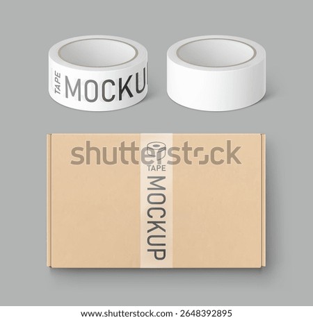 Realistic kraft brown close mailing box mockup with adhesive tape roll mockup. Vector illustration isolated on grey background. Ready for presentation your product. EPS10.