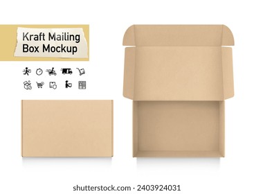 Realistic kraft brown open post box mockup with set icons. Vector illustration isolated on white background. Flat lay view.Ready for your design. EPS10.	