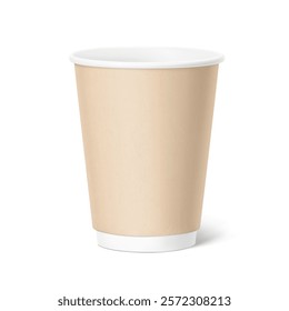 Realistic Kraft paper cup mockup with double side wall. Coffee to go, take out mug. Vector illustration isolated on white background. EPS10.