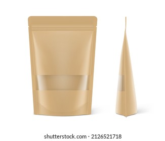 Realistic kraft pouch bag mockup isolated on white background with plastic window. Vector illustration. Perfect for the presentation of your product. EPS10.	