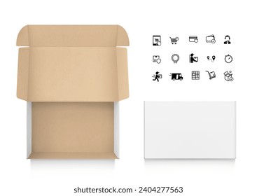 Realistic kraft and white open post box mockup with set icons. Vector illustration isolated on white background. Flat lay view. Ready for your design. EPS10.