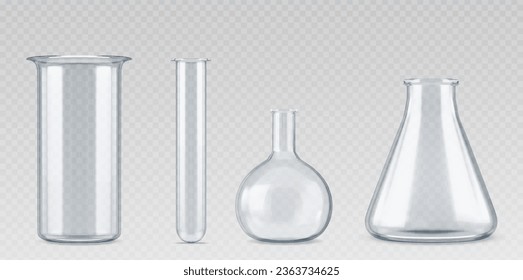 Los vidrios de laboratorio realistas se aíslan sobre un fondo transparente. Ilustración vectorial de frascos de laboratorio, volumétricos, cónicos, tubo para experimentos científicos, recipientes para sustancias químicas