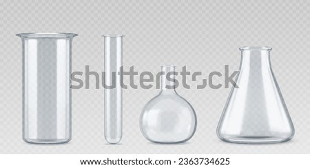 Realistic lab glassware set isolated on transparent background. Vector illustration of laboratory beaker, volumetric, conical flasks, tube for scientific experiment, containers for chemical substance