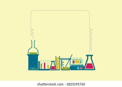 Realistic laboratory. Chemistry lab equipment,  flask tubes beaker and other measuring colored filling glassware. Vector chemical or medicine experiment for solutions research or test