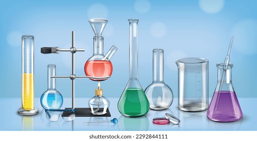 Realistic laboratory composition with front view of glass table with jars flasks and test tube stands vector illustration