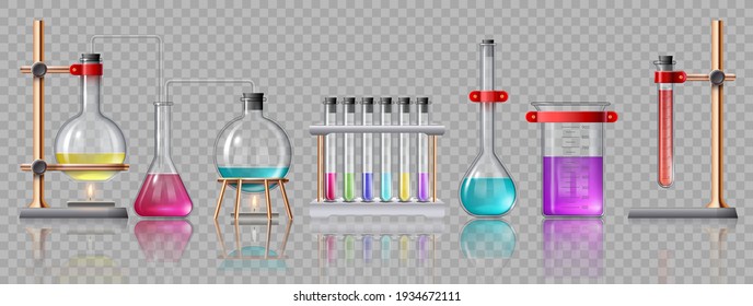 Realistic laboratory equipment. Glass tubes, flasks, burner and beaker with chemicals on holders. Chemistry lab test experiment vector set