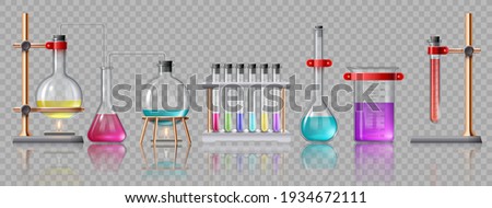 Realistic laboratory equipment. Glass tubes, flasks, burner and beaker with chemicals on holders. Chemistry lab test experiment vector set