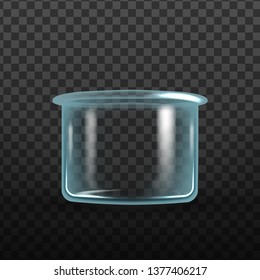 Realistic Laboratory Flask Crystallizer Vector. Transparent Pharmacy Glass Beaker Container Equipment Use To Perfom Crystallization Isolated On Transparency Grid Background. 3d Illustration