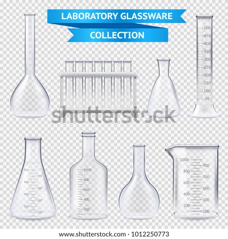 Realistic laboratory glassware collection with test-tubes on plastic stand, beakers isolated on transparent background vector illustration  
