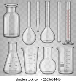 Realistic laboratory glassware, glass test tubes beaker and flask. Chemical laboratory transparent glass 3d equipment vector illustration set. Laboratory glassware and realistic chemistry glass