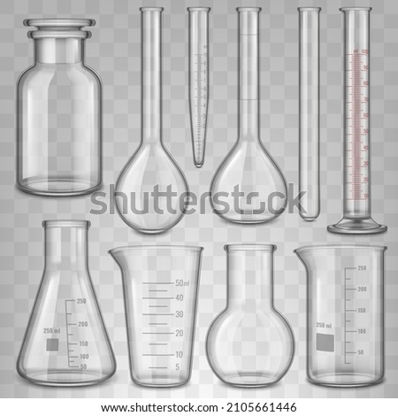 Realistic laboratory glassware, glass test tubes beaker and flask. Chemical laboratory transparent glass 3d equipment vector illustration set. Laboratory glassware and realistic chemistry glass