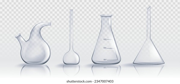 Realistic laboratory glassware set isolated on transparent background. Vector illustration of lab retort, volumetric, conical flasks, graduated containers for scientific experiment, chemical substance