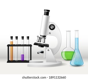 Realistic laboratory research. 3d microscope with test tubes tripod, glass flasks with colorful liquid reagents, chemical or biology scientific study, pharmacy and medical investigation vector concept