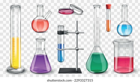 Realistic laboratory set of isolated icons on transparent background with test tubes measurement jars and flasks vector illustration