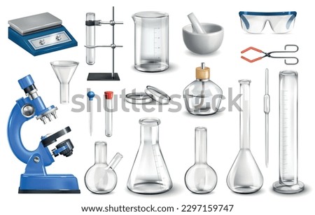 Realistic laboratory set with isolated images of glass jars and flasks with microscope and test tubes vector illustration Foto stock © 