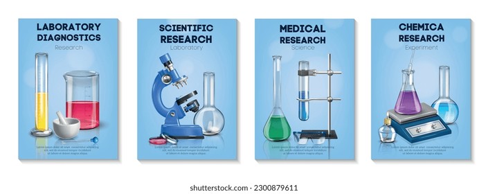 Conjunto realista de carteles verticales de laboratorio con texto editable y composiciones de equipos de laboratorio para ilustración de vectores de investigación