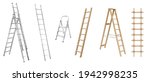 Realistic ladders for housekeeping. Set of stepladders, stair cases and rope ladder wooden and metal isolated on white background. Realistic 3d vector illustration